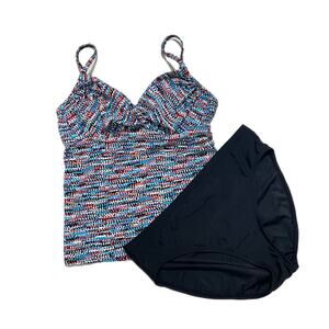Merona Blue And Black Bathing Suit Large Tankini Top & Bottom Swimsuit Set